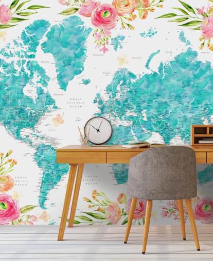 illustrated pink flower border around teal world map wallpaper