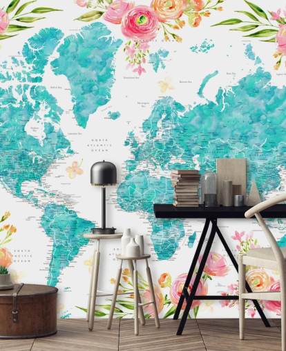 fondo de pantalla ilustrado con borde de flores rosas alrededor del mapa mundial verde azulado