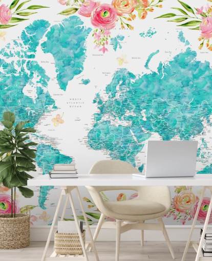 fondo de pantalla ilustrado con borde de flores rosas alrededor del mapa mundial verde azulado