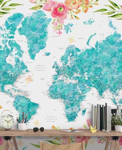 illustrated pink flower border around teal world map wallpaper illustrated pink flower border around teal world map wallpaper