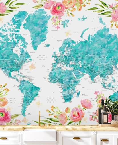 illustrated pink flower border around teal world map wallpaper