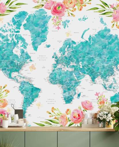 illustrated pink flower border around teal world map wallpaper illustrated pink flower border around teal world map wallpaper