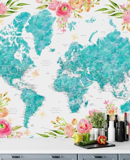 illustrierte rosa Blumenbordüre rund um eine blaugrüne Weltkarten-Tapete illustrierte rosa Blumenbordüre rund um eine blaugrüne Weltkarten-Tapete