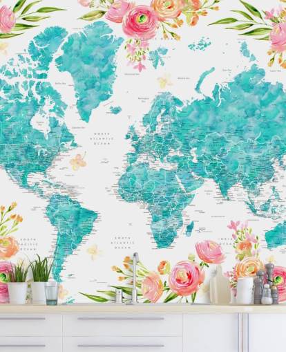 illustrated pink flower border around teal world map wallpaper