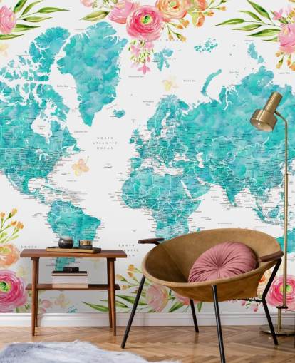 illustrated pink flower border around teal world map wallpaper illustrated pink flower border around teal world map wallpaper