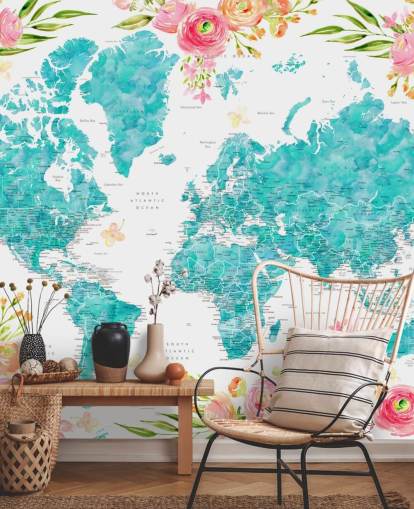 illustrated pink flower border around teal world map wallpaper