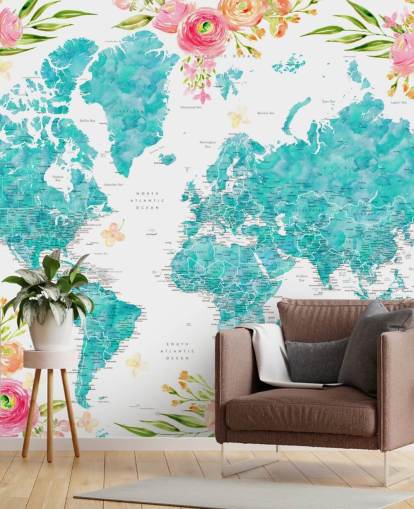 fondo de pantalla ilustrado con borde de flores rosas alrededor del mapa mundial verde azulado