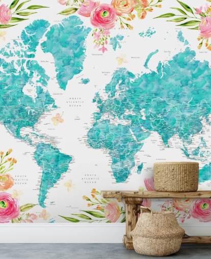 borda de flor rosa ilustrada em torno de papel de parede azul-petróleo do mapa mundial borda de flor rosa ilustrada em torno de papel de parede azul-petróleo do mapa mundial