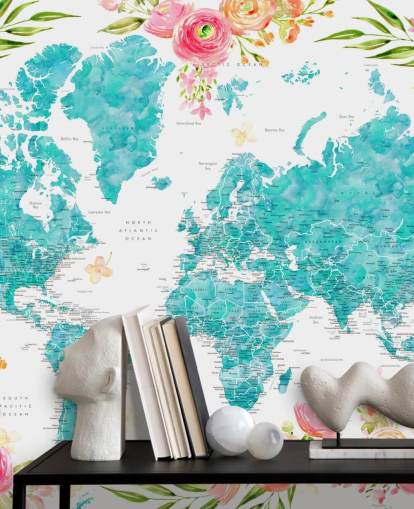 fondo de pantalla ilustrado con borde de flores rosas alrededor del mapa mundial verde azulado