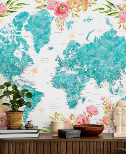 geïllustreerde roze bloemenrand rond blauwgroen wereldkaartbehang