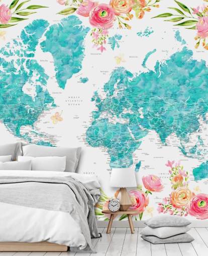 geïllustreerde roze bloemenrand rond blauwgroen wereldkaartbehang geïllustreerde roze bloemenrand rond blauwgroen wereldkaartbehang