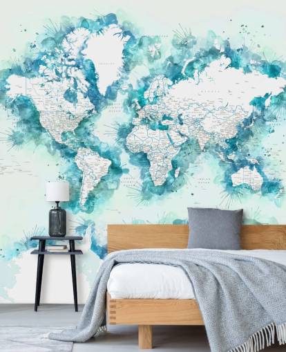 papel pintado de mapa mundial verde azulado pintado en acuarela papel pintado de mapa mundial verde azulado pintado en acuarela