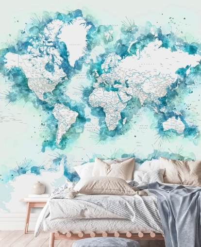 aquarel geschilderd groenblauw wereldkaart behang aquarel geschilderd groenblauw wereldkaart behang