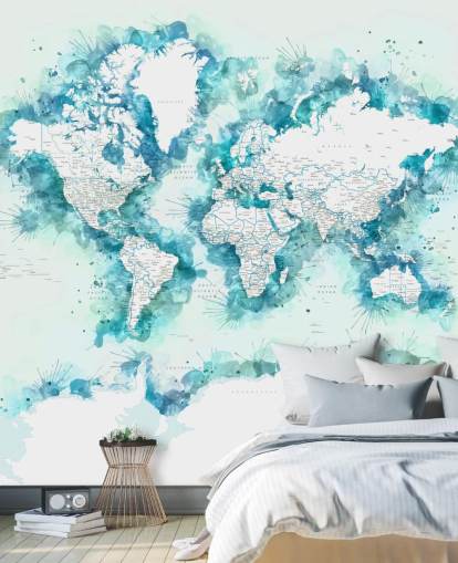 papel pintado de mapa mundial verde azulado pintado en acuarela