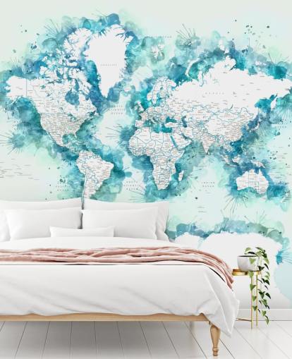 watercolour painted teal green world map wallpaper