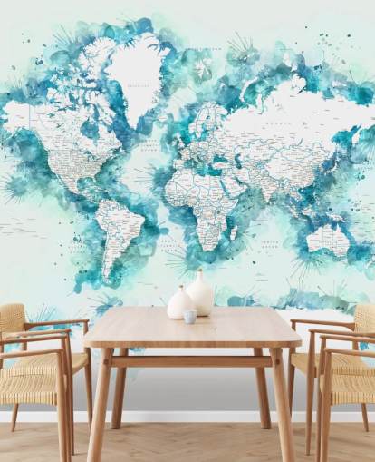 aquarel geschilderd groenblauw wereldkaart behang