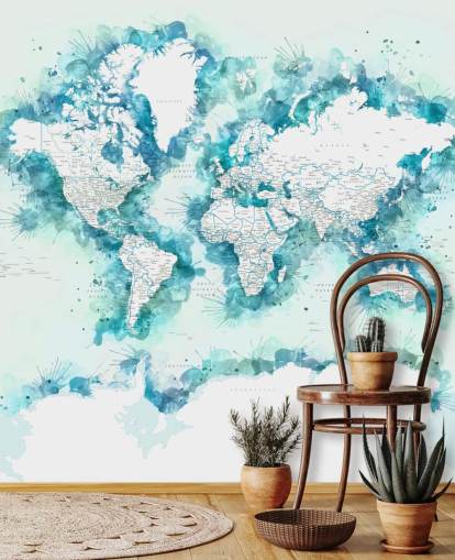 carta da parati con mappa del mondo dipinta ad acquerello verde acqua