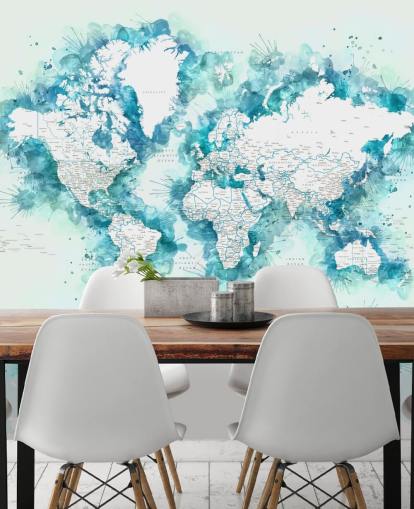 watercolour painted teal green world map wallpaper