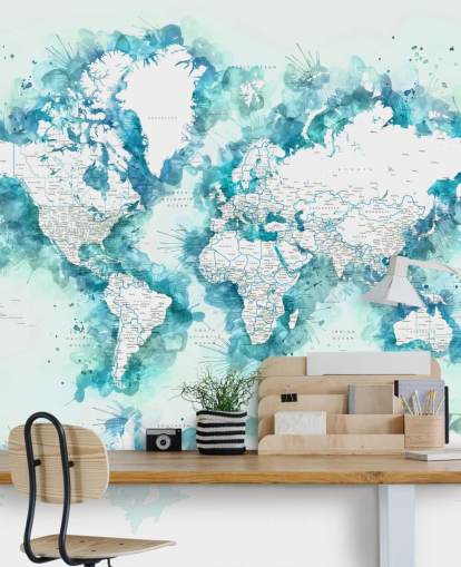 papel pintado de mapa mundial verde azulado pintado en acuarela