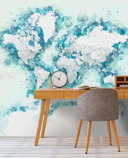 aquarel geschilderd groenblauw wereldkaart behang