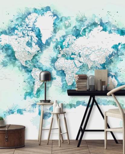 papel de parede do mapa mundial verde-azulado pintado em aquarela papel de parede do mapa mundial verde-azulado pintado em aquarela