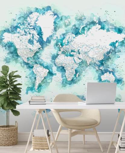 papier peint de carte du monde vert sarcelle peint à l'aquarelle papier peint de carte du monde vert sarcelle peint à l'aquarelle