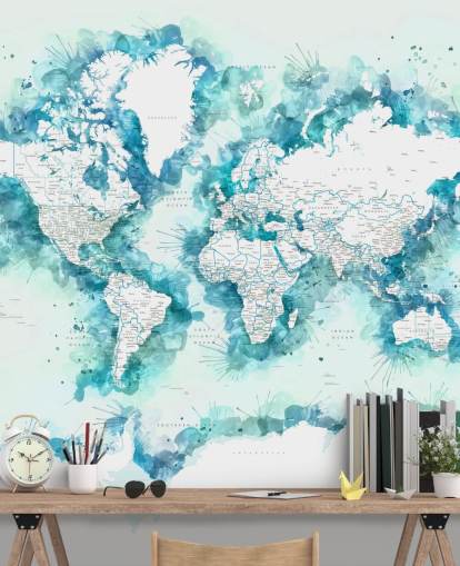 carta da parati con mappa del mondo dipinta ad acquerello verde acqua