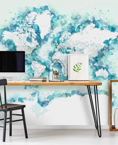 aquarel geschilderd groenblauw wereldkaart behang