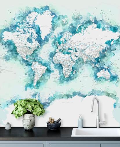 carta da parati con mappa del mondo dipinta ad acquerello verde acqua