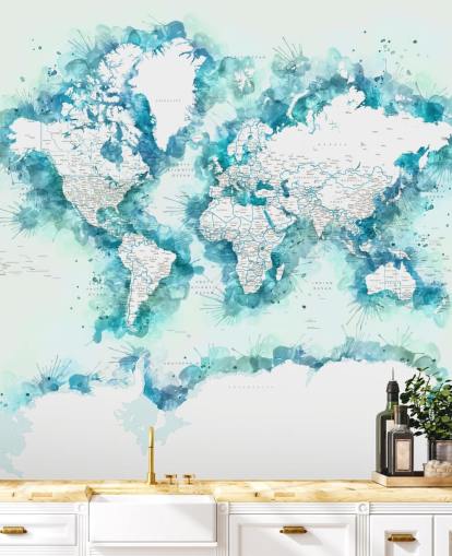 papel pintado de mapa mundial verde azulado pintado en acuarela