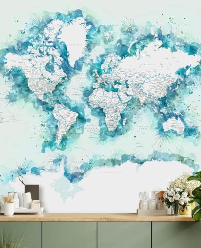 papel pintado de mapa mundial verde azulado pintado en acuarela