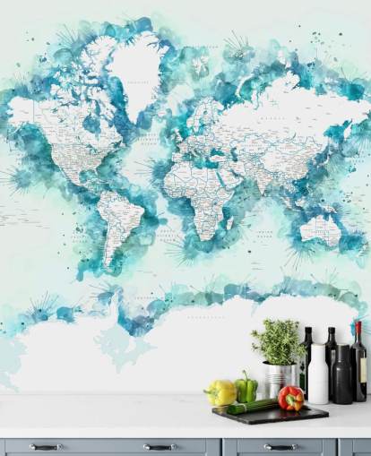 aquarel geschilderd groenblauw wereldkaart behang