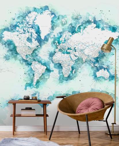 watercolor painted teal green world map wallpaper