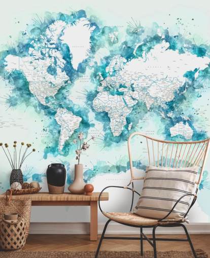 aquarel geschilderd groenblauw wereldkaart behang