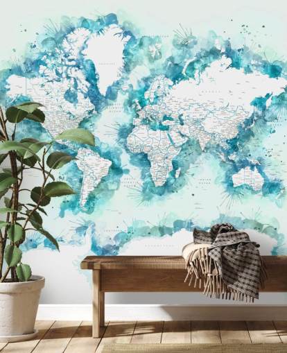 papel pintado de mapa mundial verde azulado pintado en acuarela