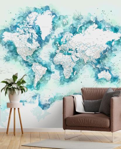 watercolor painted teal green world map wallpaper