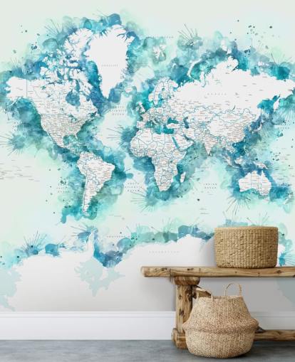 papier peint de carte du monde vert sarcelle peint à l'aquarelle papier peint de carte du monde vert sarcelle peint à l'aquarelle