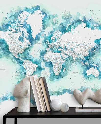 watercolor painted teal green world map wallpaper