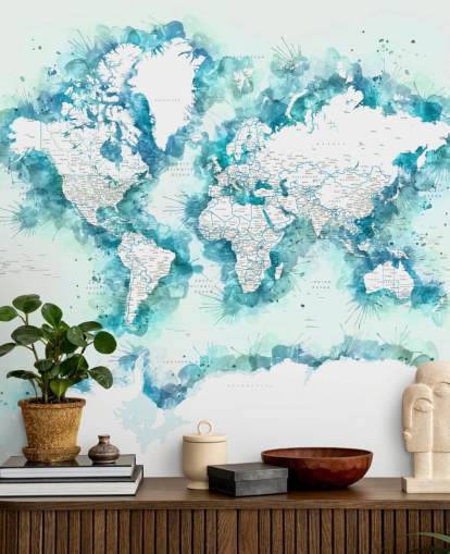 carta da parati con mappa del mondo dipinta ad acquerello verde acqua