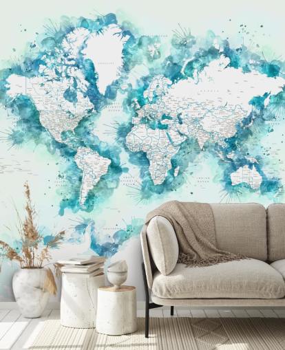 watercolor painted teal green world map wallpaper