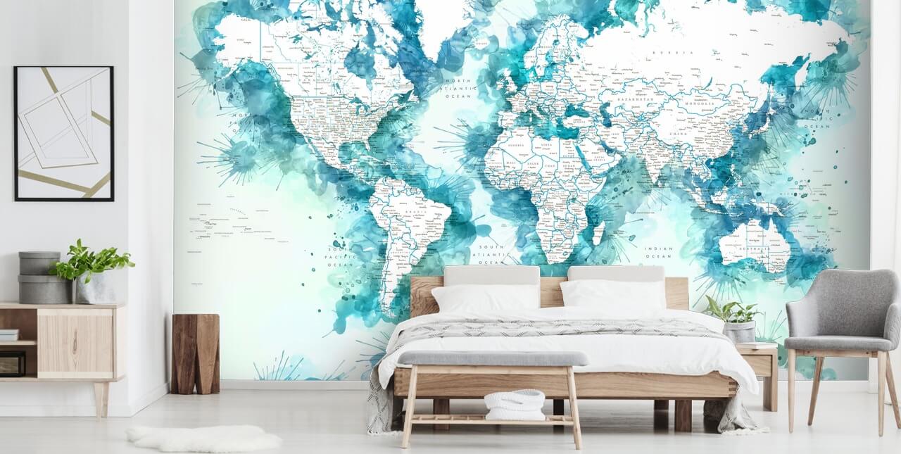 Wasserfarben bemalte blaugrüne Weltkarte-Tapete