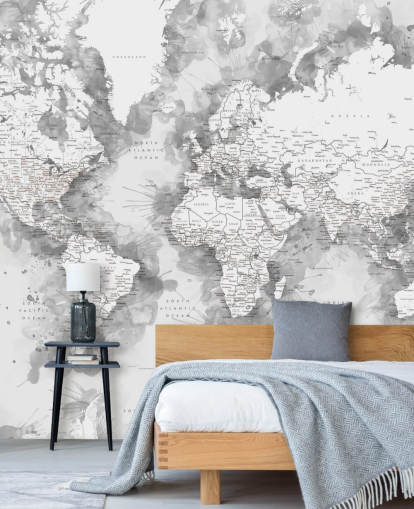 Papier peint carte du monde peinte à l'aquarelle détaillée en gris et blanc