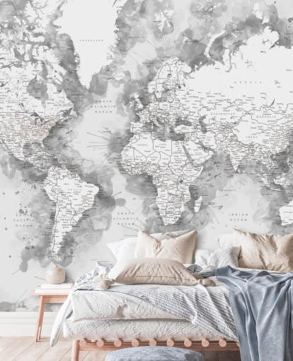 papel de parede de mapa do mundo pintado em aquarela detalhada cinza e branco
