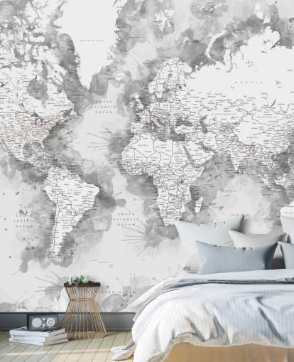 papel de parede de mapa do mundo pintado em aquarela detalhada cinza e branco