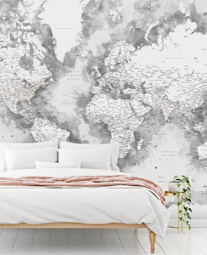 fondo de pantalla de mapa del mundo pintado con acuarela detallada gris y blanco