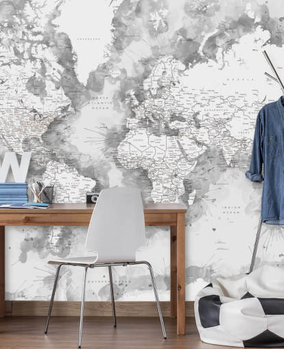 Papier peint carte du monde peinte à l'aquarelle détaillée en gris et blanc