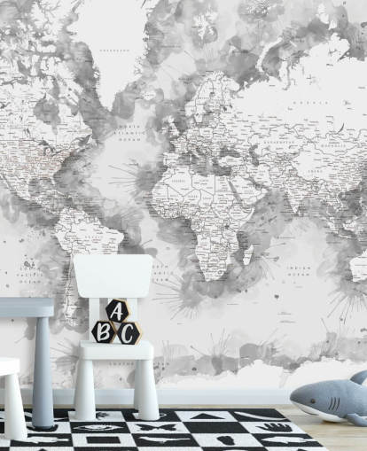 grey and white detailed watercolour painted world map wallpaper