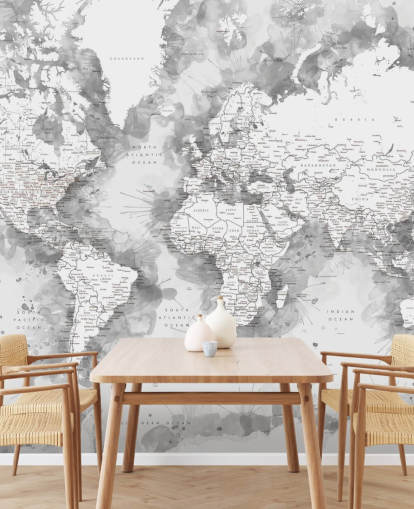 grey and white detailed watercolour painted world map wallpaper
