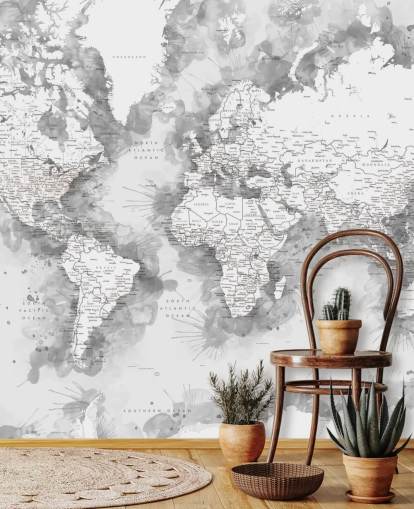 grey and white detailed watercolour painted world map wallpaper