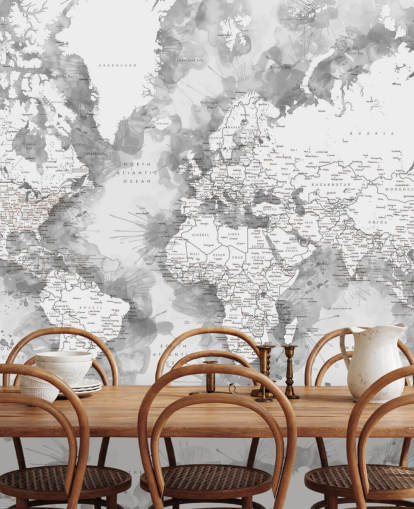 grey and white detailed watercolour painted world map wallpaper